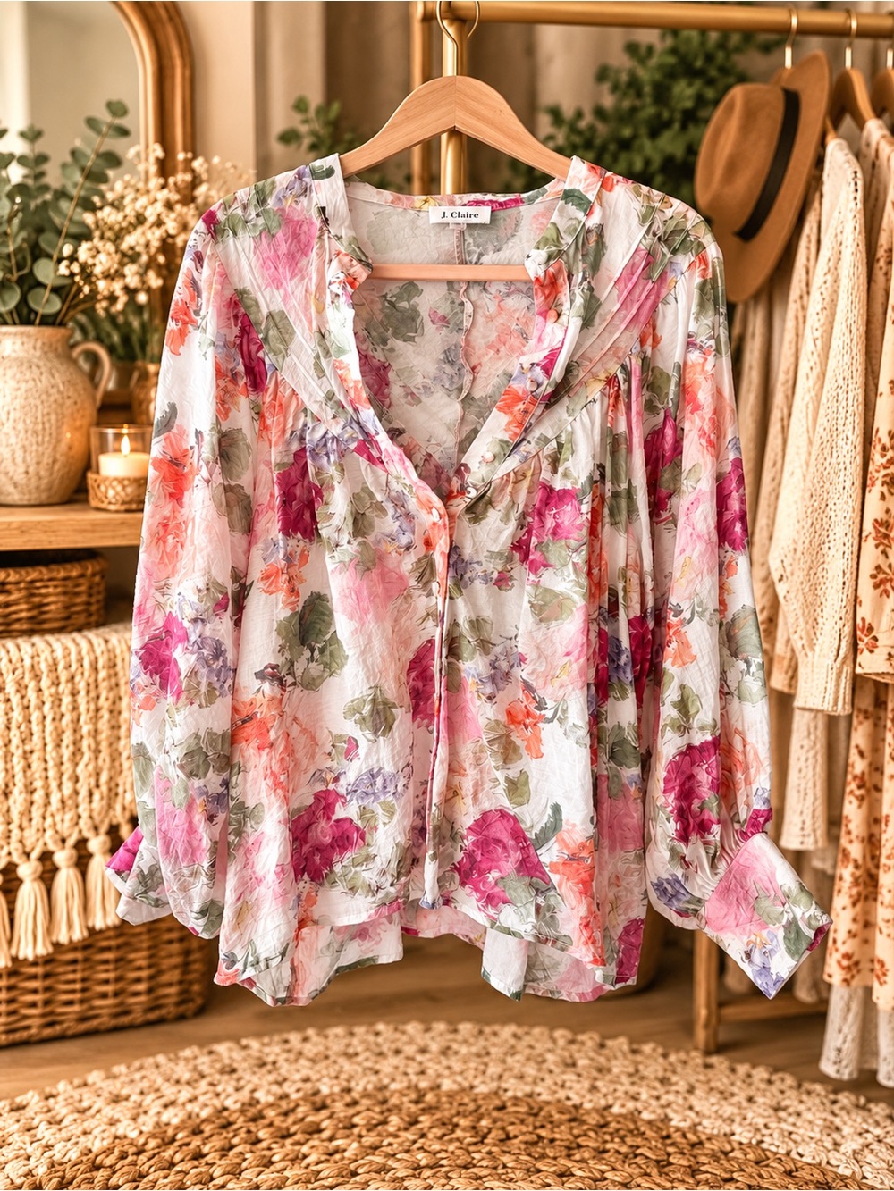 eesome Floral Peasant Blouse in Pink, Green & Purple